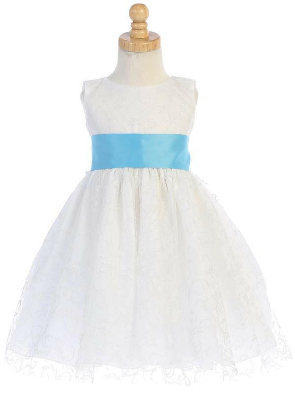 Elegant White Glitter Tulle Flower Girl Dress with Aqua Satin Sash, sleeveless bodice and tea-length skirt for weddings.