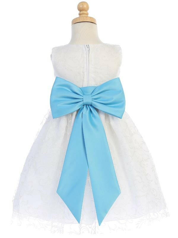 Back view of White Glitter Tulle Flower Girl Dress featuring a large Aqua Satin Bow and zipper closure, perfect for bridal parties.