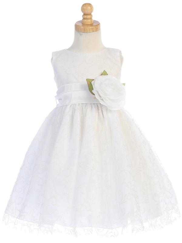 White Glitter Tulle Flower Girl Dress w/ Rose Sash & Flower (7-90P) - Malcolm Royce