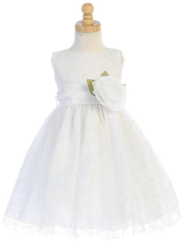 White Glitter Tulle Flower Girl Dress with rose sash and floral accent by Malcolm Royce, ideal for weddings and special events.