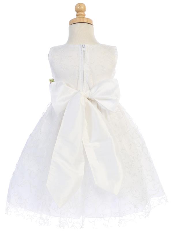 White Glitter Tulle Flower Girl Dress w/ Rose Sash & Flower (7-90P) - Malcolm Royce