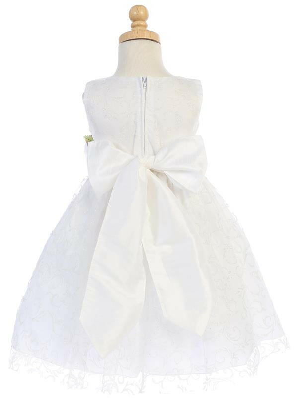 Back view of White Glitter Tulle Flower Girl Dress featuring a large satin bow, elegant for bridal party occasions.