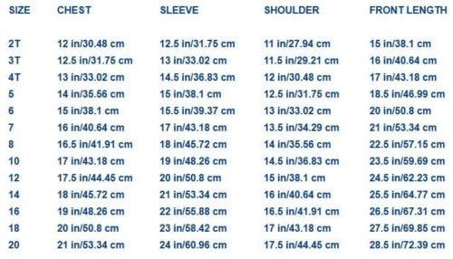 Size chart for Boys Long Sleeve Formal Dress Shirts and Ties showing chest, sleeve, shoulder, and front length measurements in inches and cm.