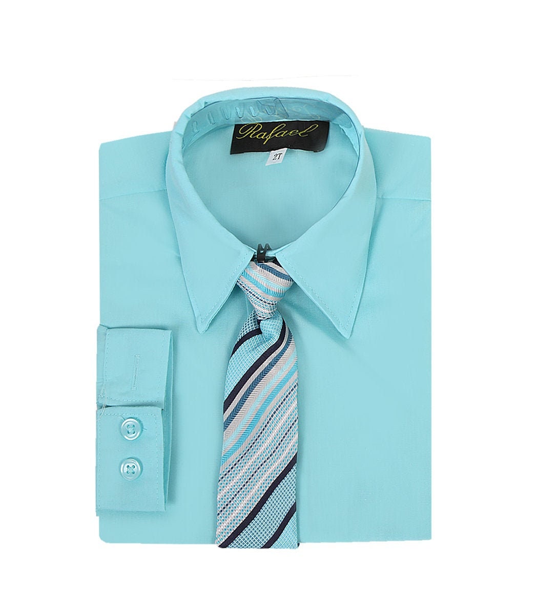 Boys long sleeve formal dress shirt in aqua blue with matching striped tie. Part of Boys Long Sleeve Formal Dress Shirts and Ties - Choice of Colors.