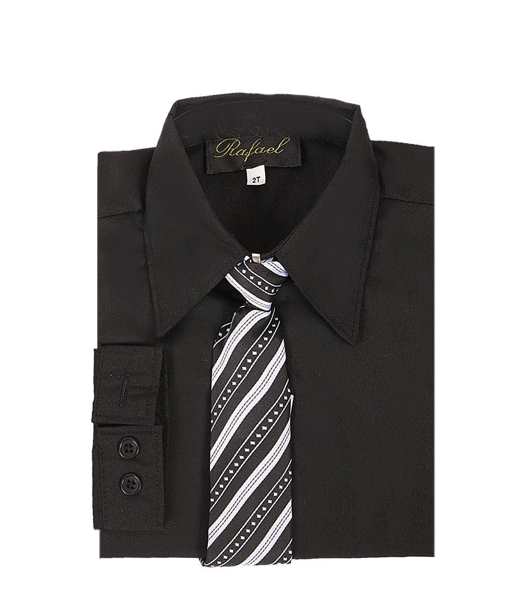 Boys long sleeve formal dress shirt in black with matching black and white striped tie. Ideal for special occasions and available in multiple sizes.