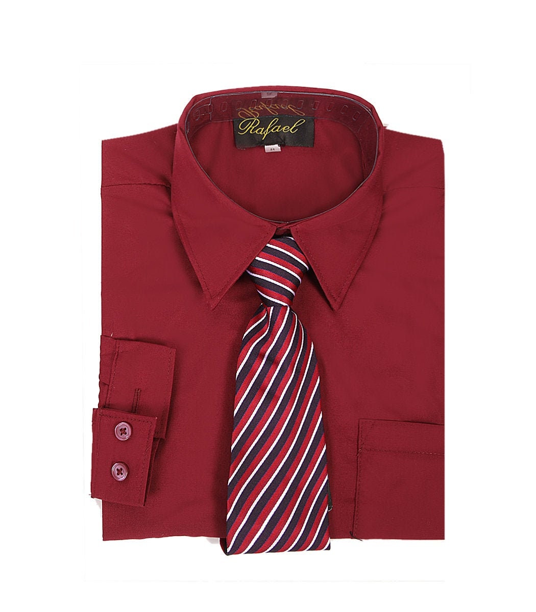 Boys long sleeve formal dress shirt in deep red with matching striped tie. Ideal for special occasions, available in multiple color options.