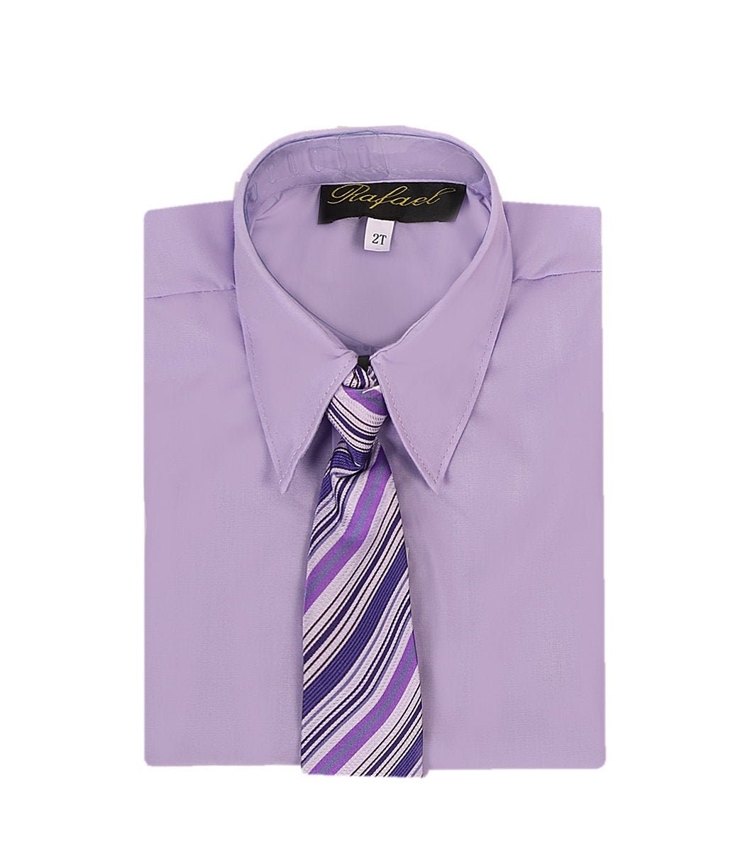 Boys long sleeve formal dress shirt in lilac with matching striped tie in purple, white, and black. Ideal for special occasions and formal events.