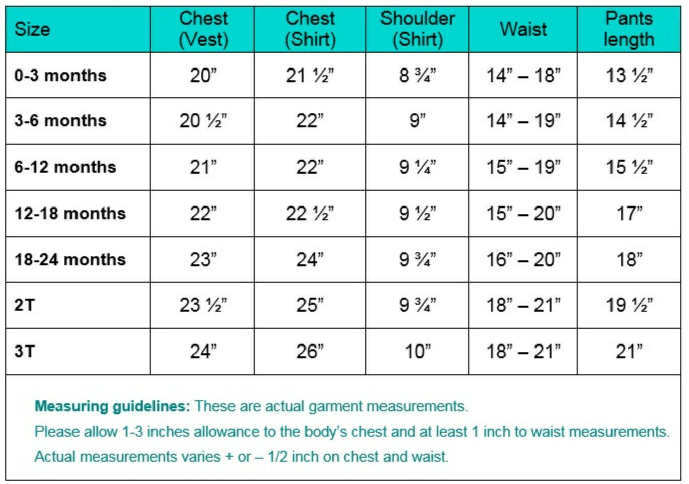 Size chart for Darren baby boys' baptism & christening outfit with detailed chest, shoulder, waist, and pants length measurements from 0-3 months to 3T.