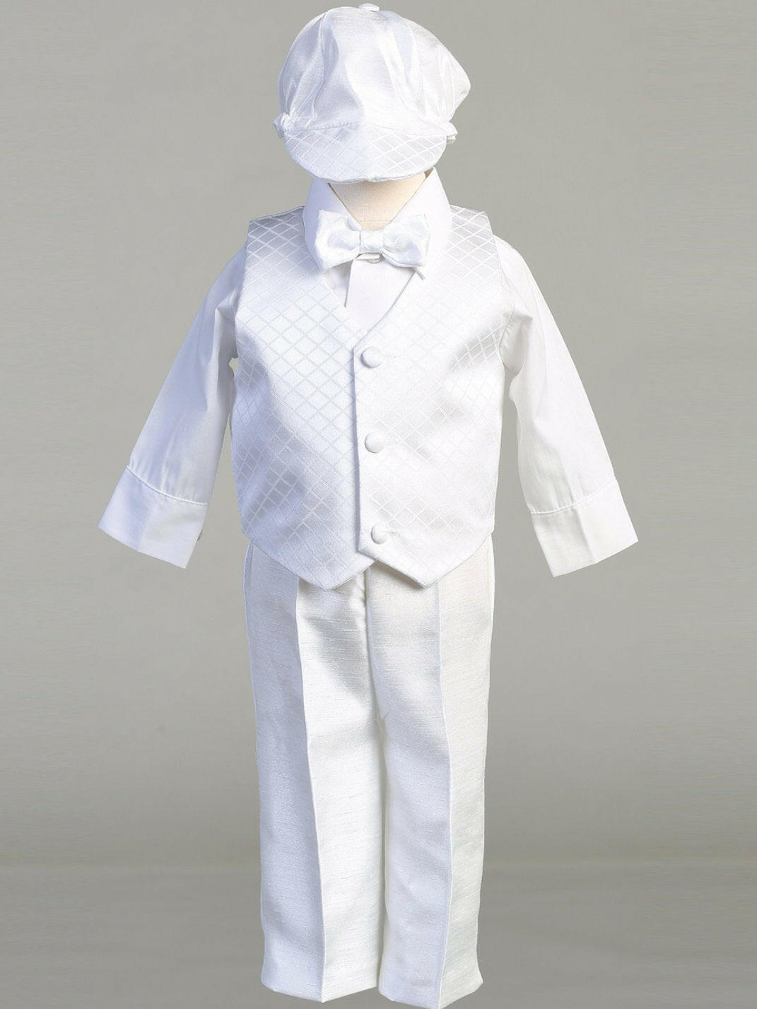 Darren baby boys' baptism & christening outfit by Malcolm Royce featuring a white diamond jacquard vest, bow tie, shantung pants, and matching hat.