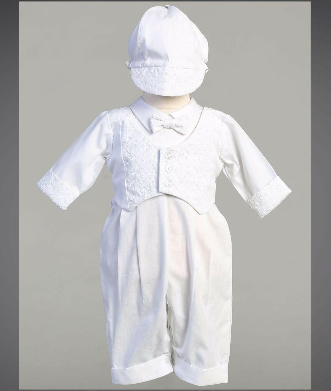 Grayson luxurious white baptism romper for baby boys featuring embroidered vest, bow tie, and matching hat, ideal for christening ceremonies.