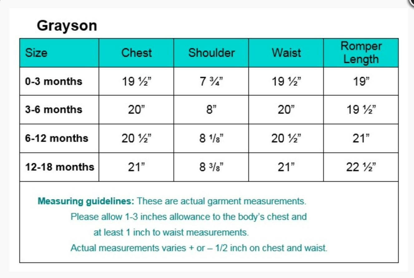 Grayson baptism romper size chart for baby boys, detailing chest, shoulder, waist, and romper length measurements from 0-18 months.