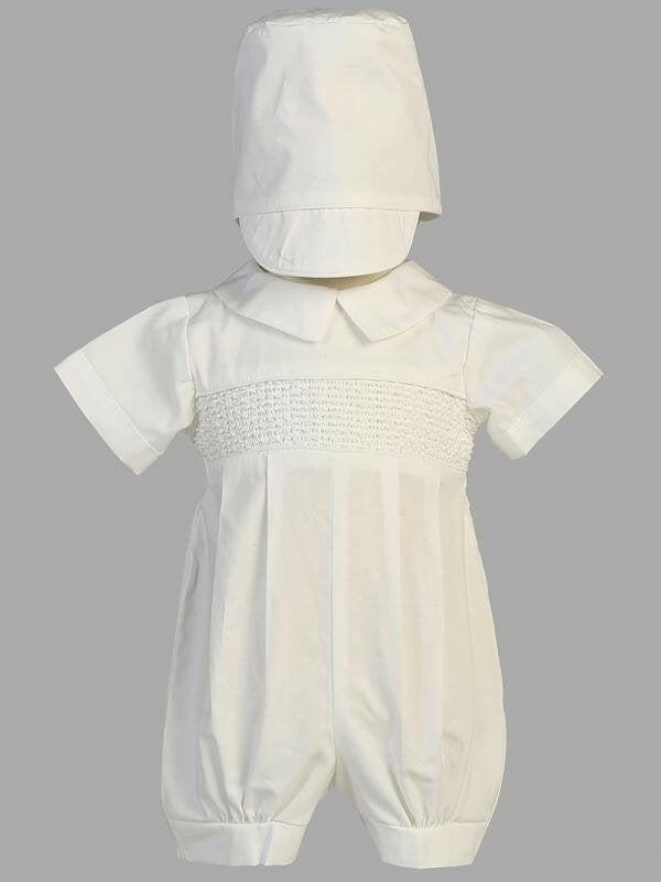Jeremy elegant white baptism romper for baby boys with smocked bodice and matching hat, ideal for christening ceremonies. Made in the USA.