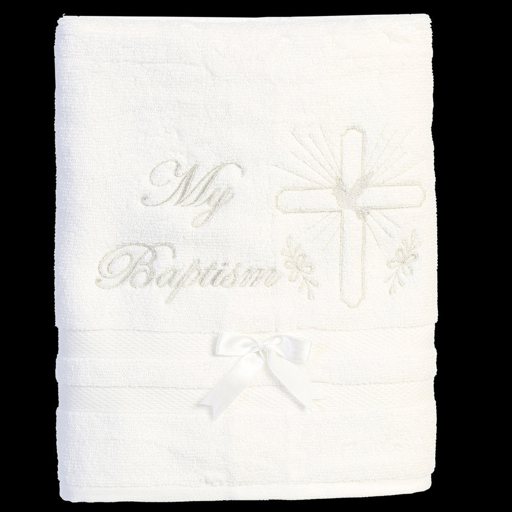 Christening towel with silver embroidered cross and dove, featuring 'My Baptism' text. Made of 100% cotton, 30x52 inches, ideal for baptism ceremonies.