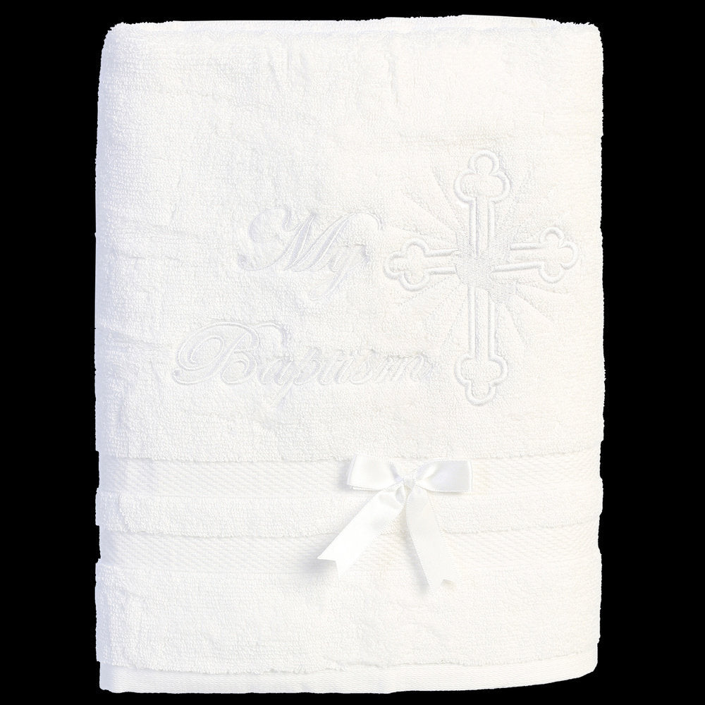 Christening towel with white embroidered cross & dove