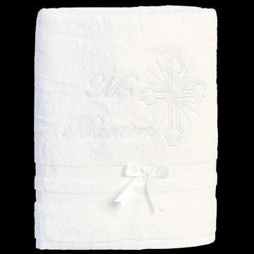 Christening towel with white embroidered cross & dove