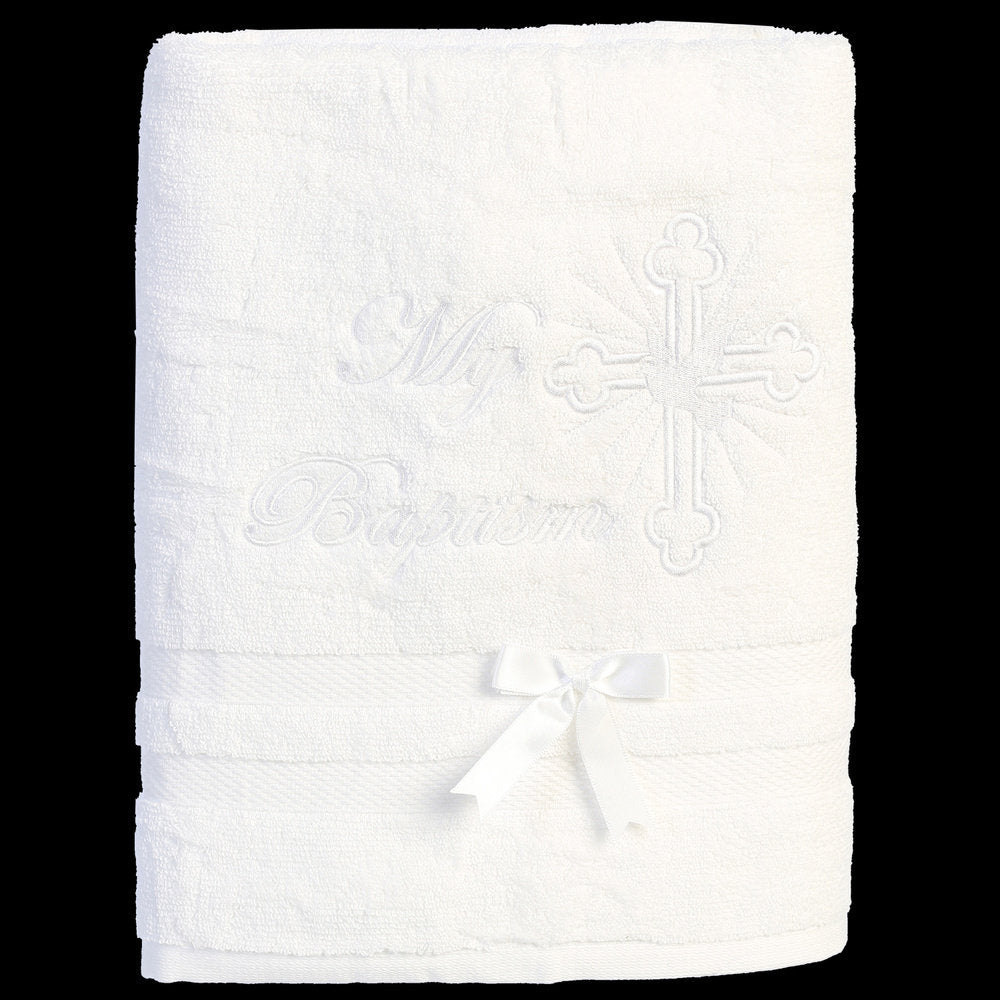 Elegant Christening Towel in pure white cotton featuring embroidered cross and dove with 'My Baptism' text, ideal for boys and girls baptism ceremonies.