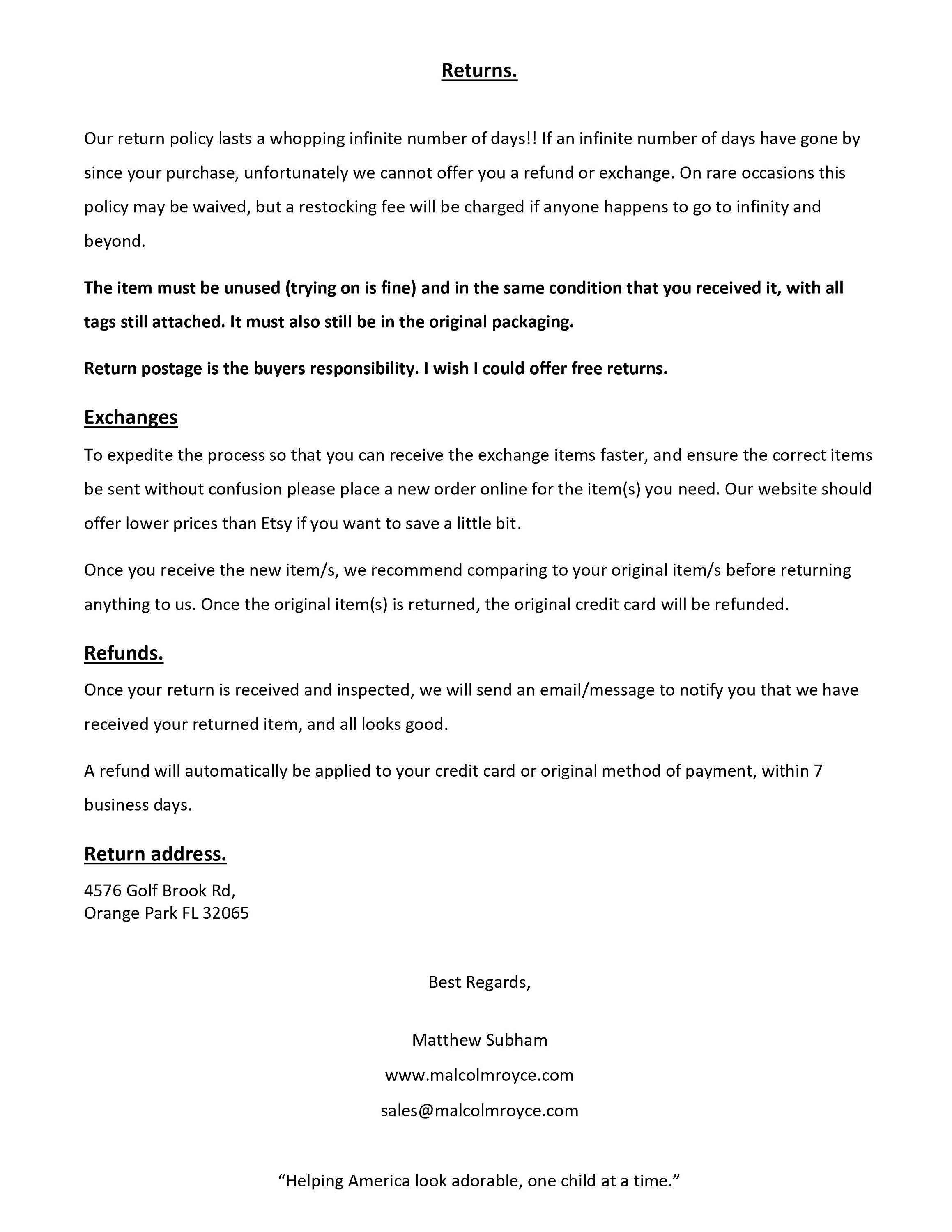 Return policy document detailing refund, exchange, and return instructions for Girls White First Communion Dress purchases.