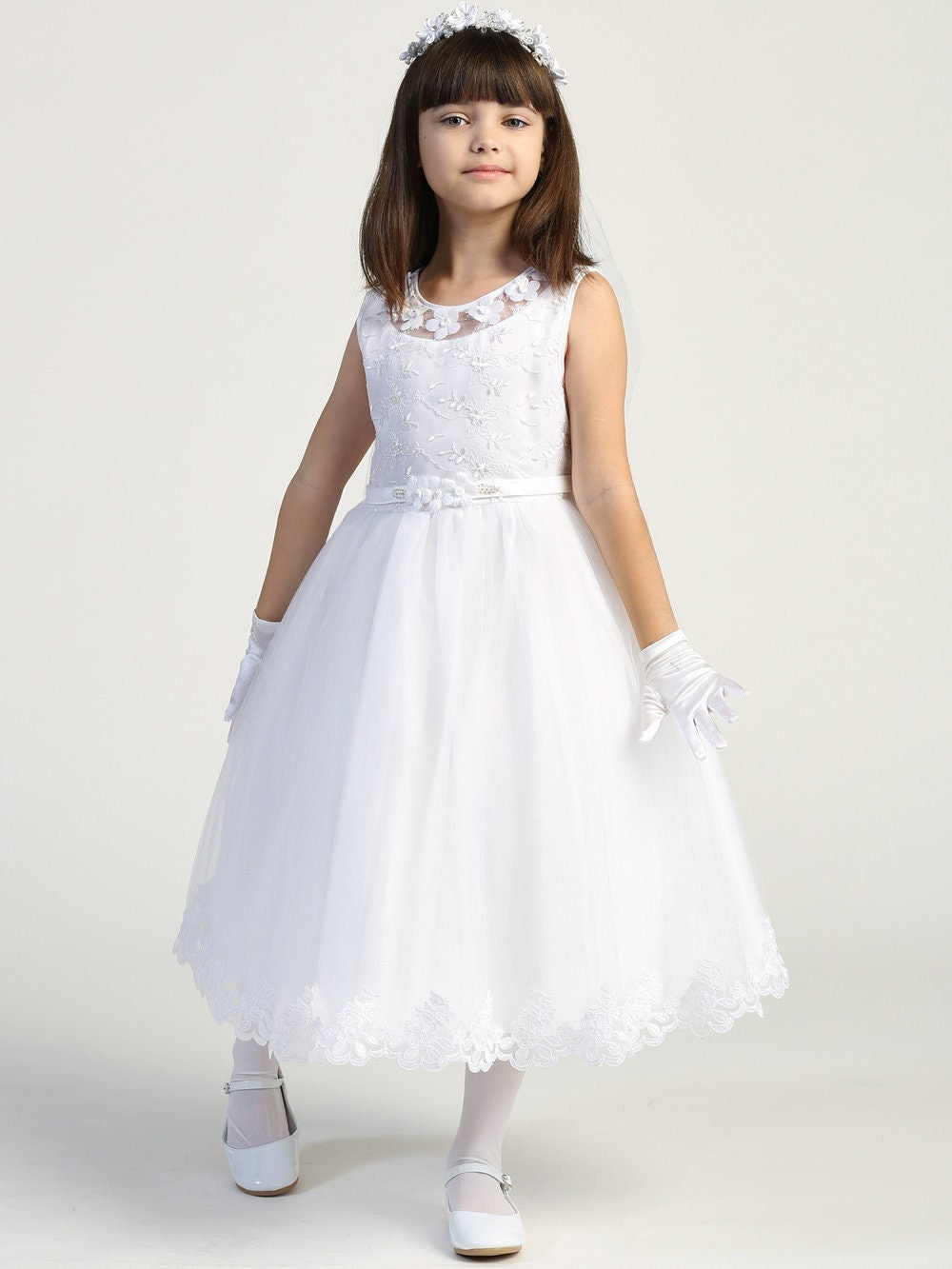 Elegant White Communion Dress with Embroidered Tulle | Malcolm Royce
