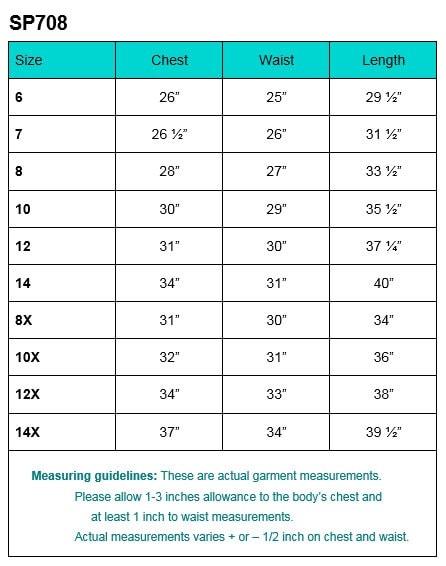 Size chart for Girls' First Communion Dress SP708 with chest, waist, and length measurements for sizes 6 to 14X. Includes measuring guidelines.