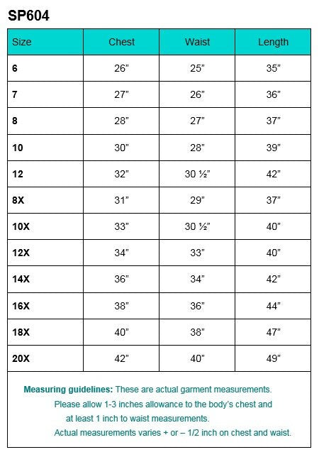 Size chart for Elegant Girls White First Communion Dress w/ Tulle & Organza Skirt, showing chest, waist, and length measurements for sizes 6 to 20X.