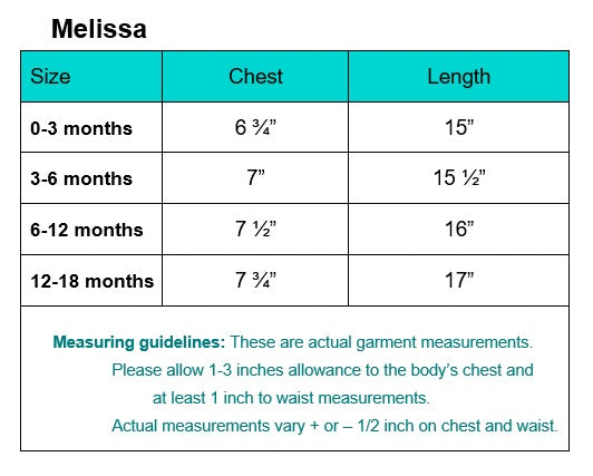Melissa Baptism Dress size chart showing chest and length measurements for 0-18 months, aiding in selecting the perfect fit for christening attire.